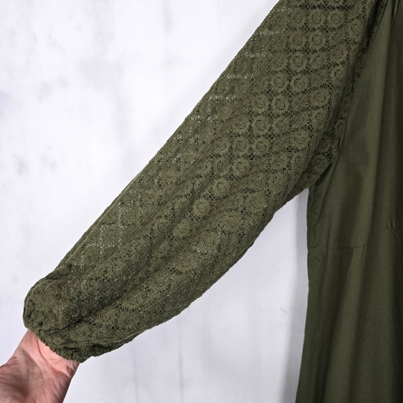 Gap Lace Sleeve Army Jacket Green Ruffle Cotton Midi Dress - Picture 8 of 15